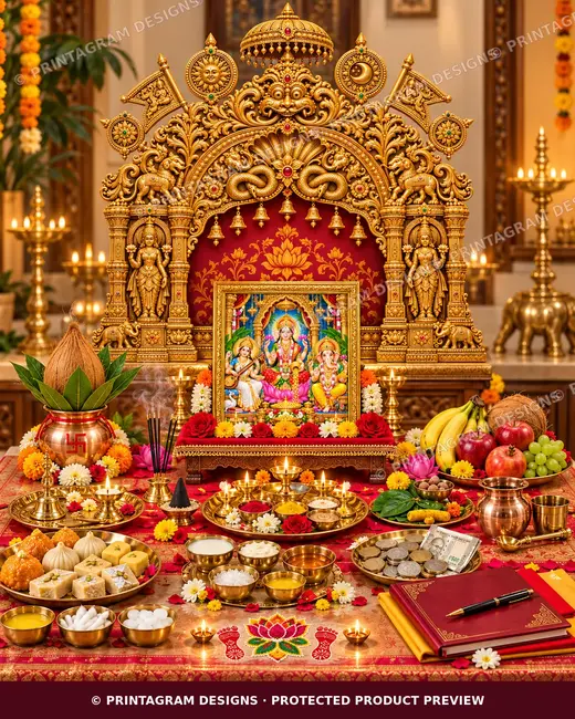 Model PB-02 Suvarna Mayur Surya-Chandra Lakshmi Puja Prabhaval Backdrop by Printagram Designs