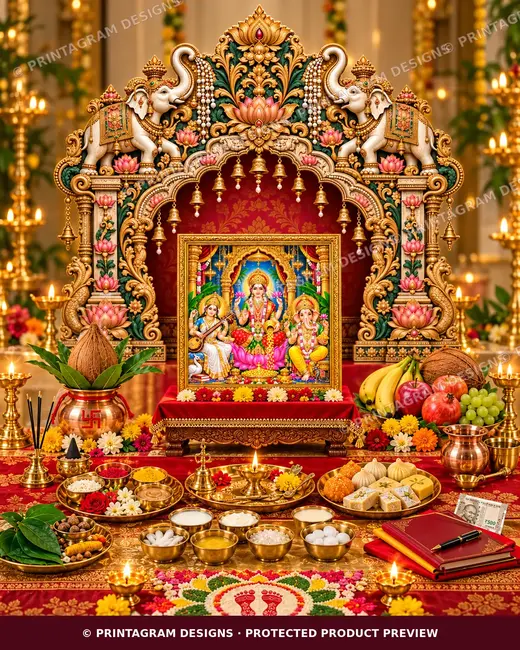 Model PB-03 Gaja Padma Kalash Vastu Lakshmi Puja Prabhaval Backdrop by Printagram Designs
