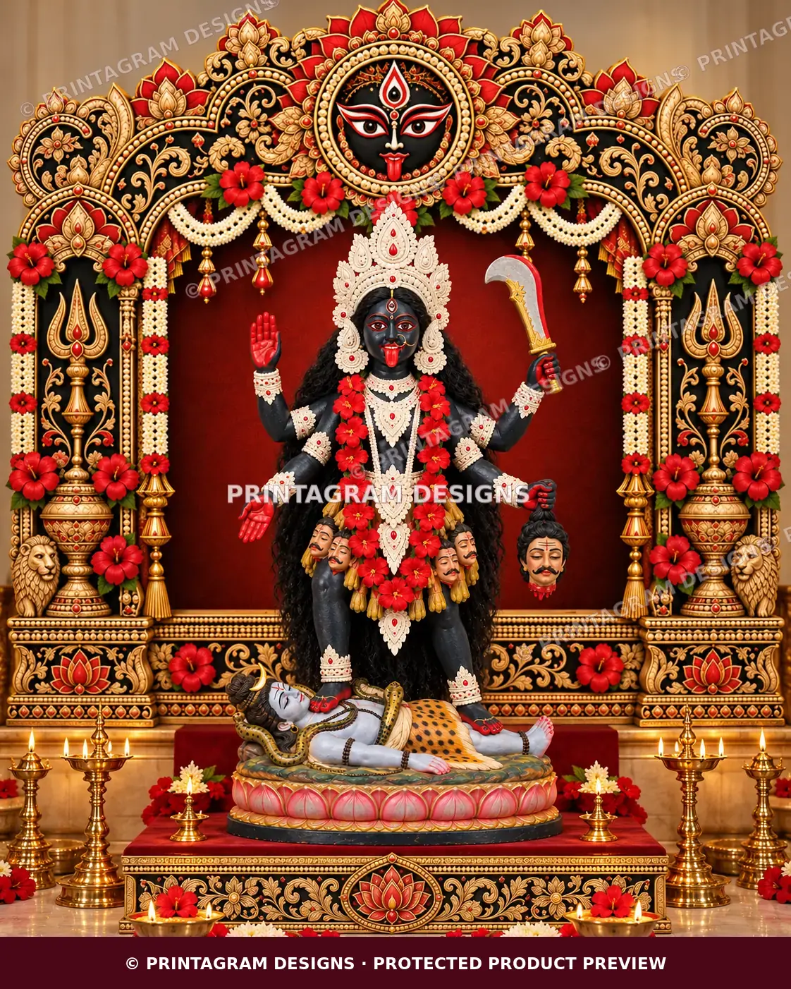 Model KSP-18 Shakti Netra Simha-Trishul Suvarna Mandap Single Backdrop styled Kali / Shyama Puja decoration