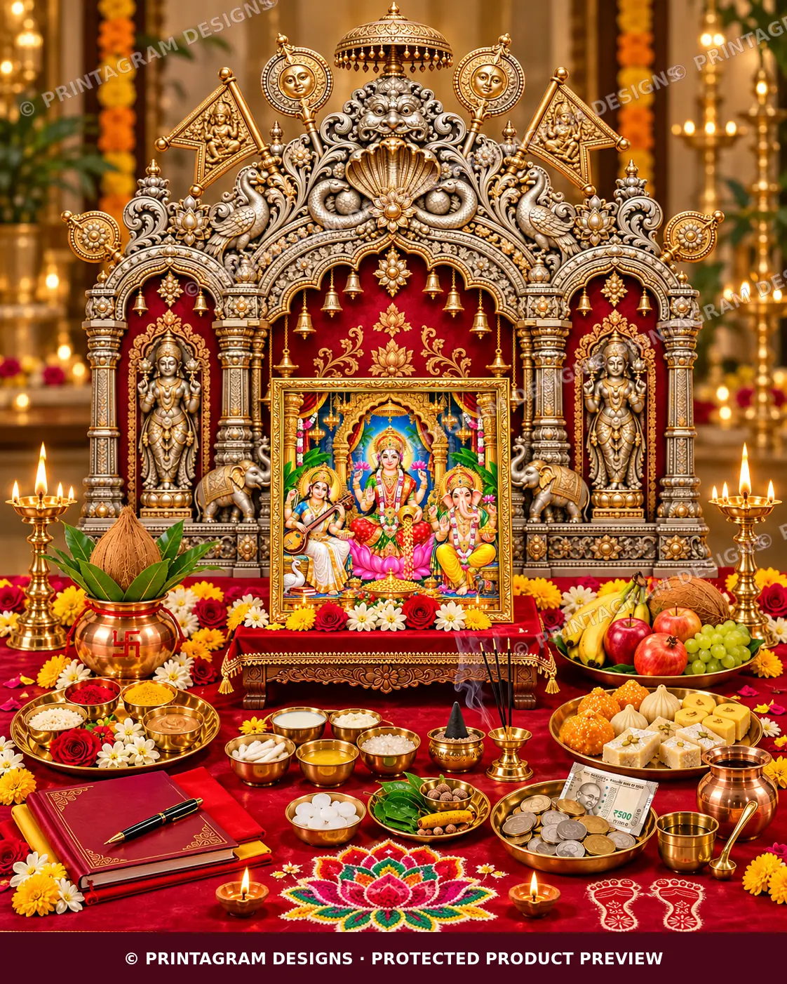 Rajat Shankha-Gaja Lakshmi–Ganesh Puja Prabhaval Backdrop by Printagram Designs