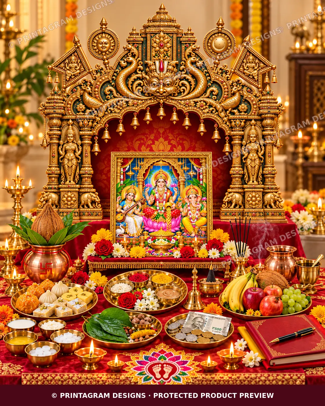 Model PB-04 Tirumala Shankha-Chakra Suvarna Lakshmi Puja Prabhaval Backdrop styled Lakshmi–Ganesh Puja Prabhaval decoration