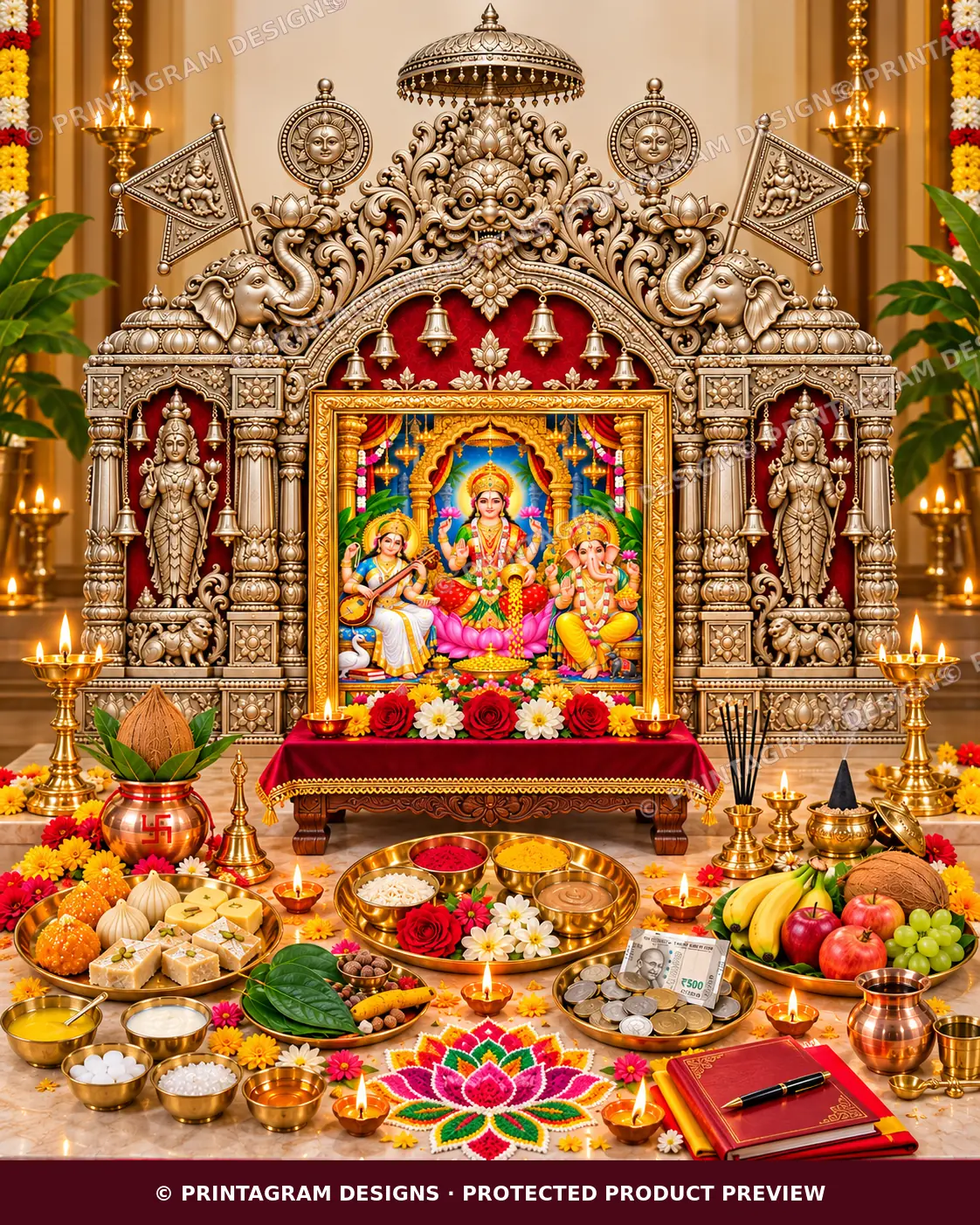 Model PB-05 Rajat Gaja-Padma Lakshmi–Ganesh Puja Prabhaval Backdrop styled Lakshmi–Ganesh Puja Prabhaval decoration