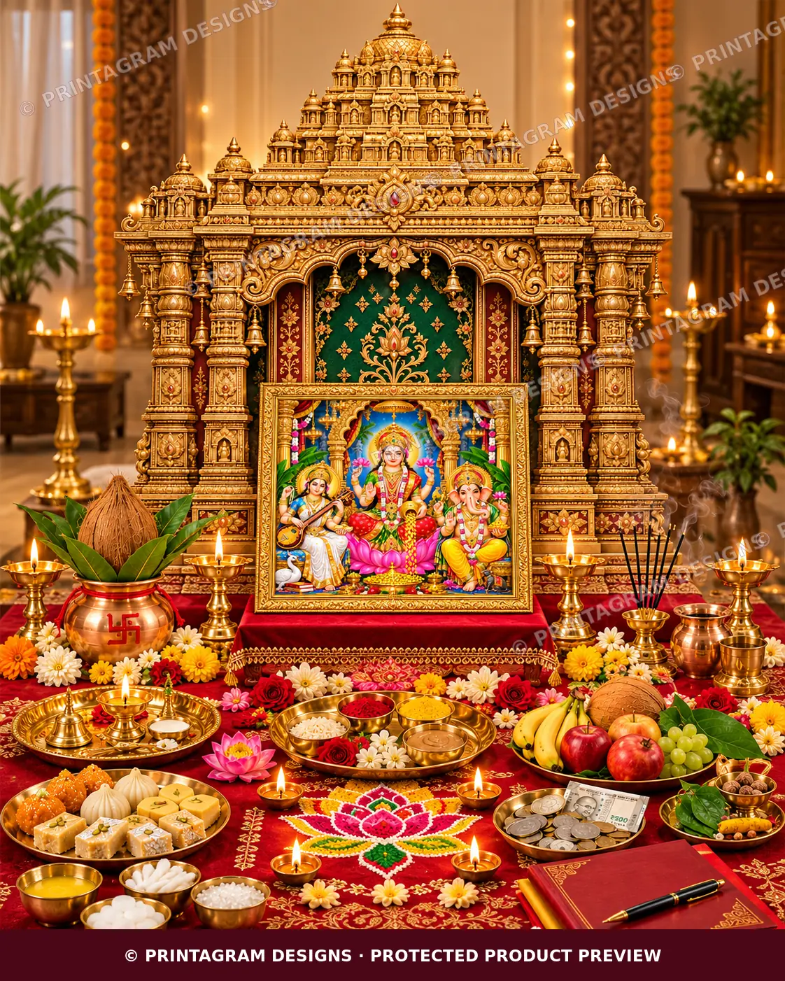 Model PB-06 Suvarna Rajagopuram Lakshmi Puja Prabhaval Backdrop styled Lakshmi–Ganesh Puja Prabhaval decoration