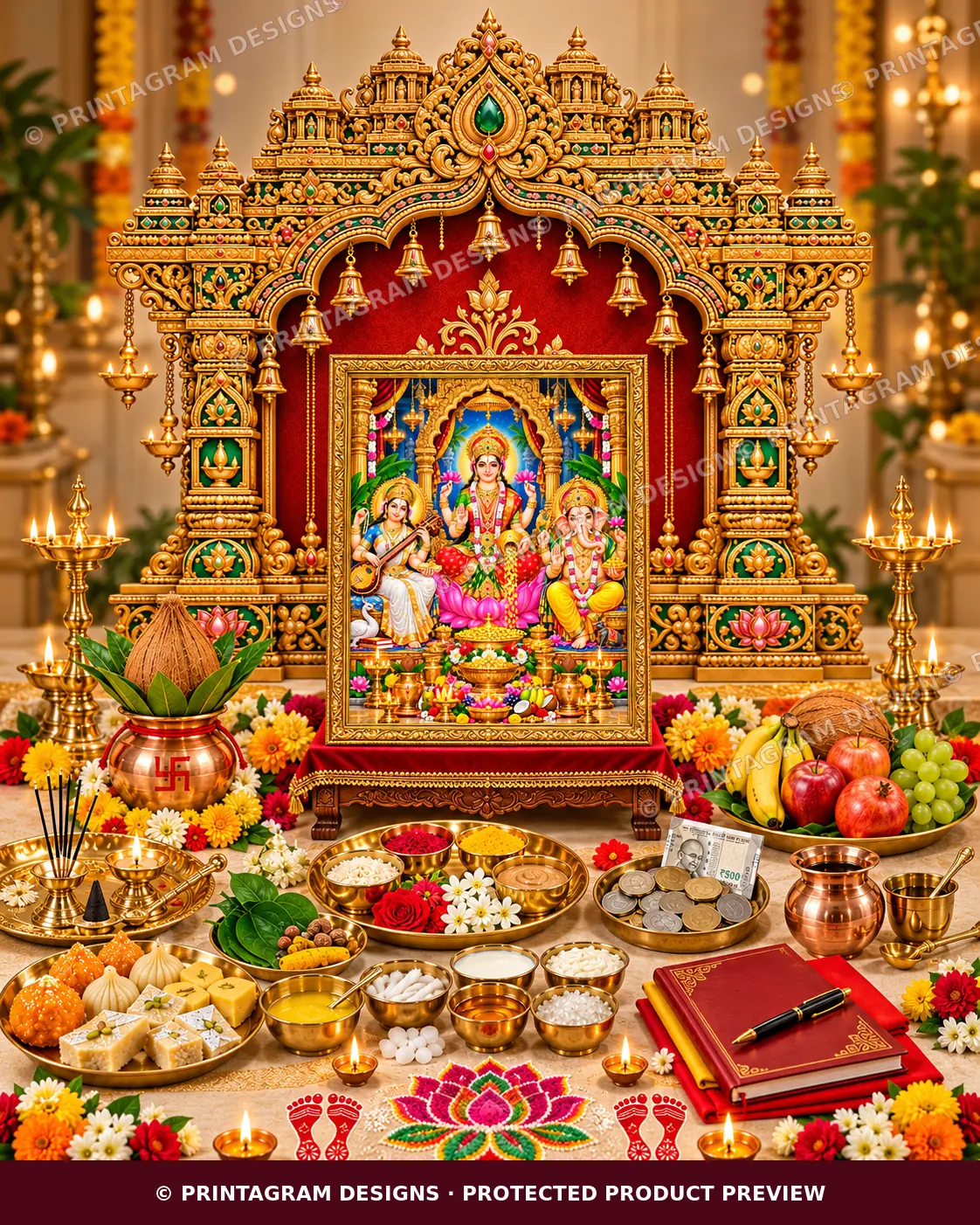 Model PB-07 Ratna Kamal Rajagopuram Lakshmi Puja Prabhaval Backdrop styled Lakshmi–Ganesh Puja Prabhaval decoration