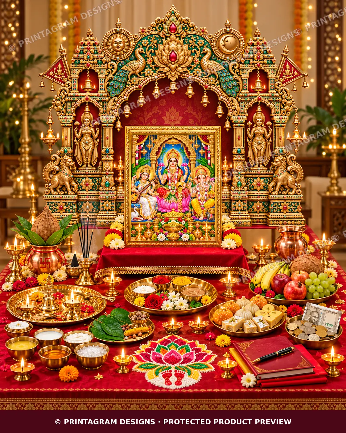 Model PB-09 Mayur Shankha-Padma Vastu Lakshmi Puja Prabhaval Backdrop styled Lakshmi–Ganesh Puja Prabhaval decoration