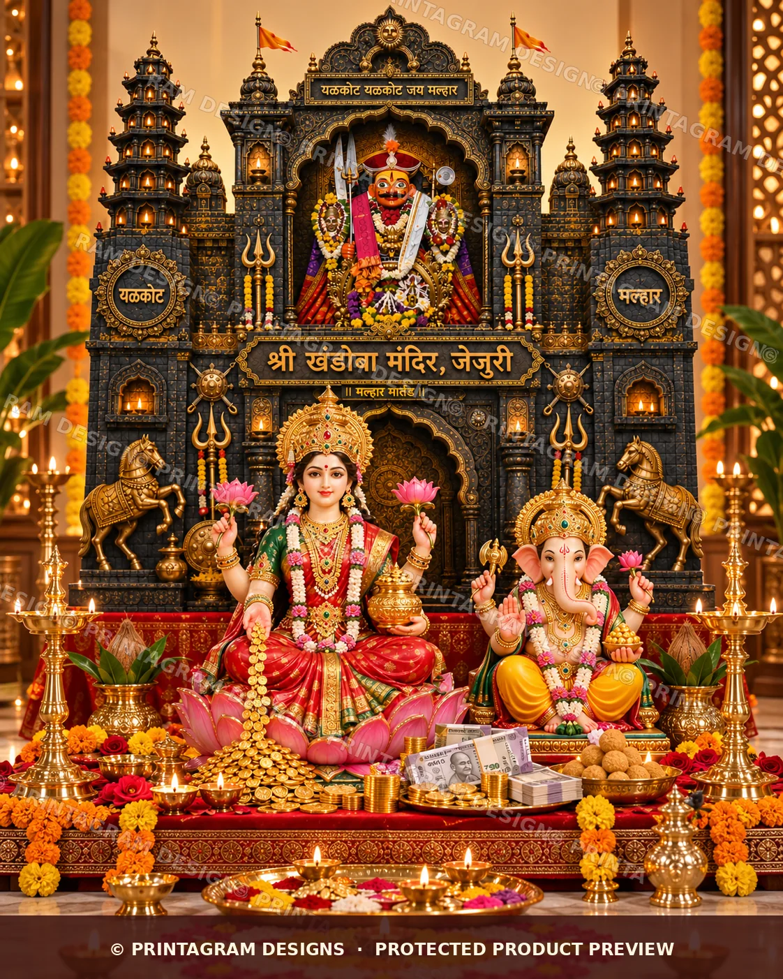 Model LSB-10 Jejuri Shri Khandoba Malhari Martand Kala Mandir Single Backdrop styled Lakshmi Puja decoration
