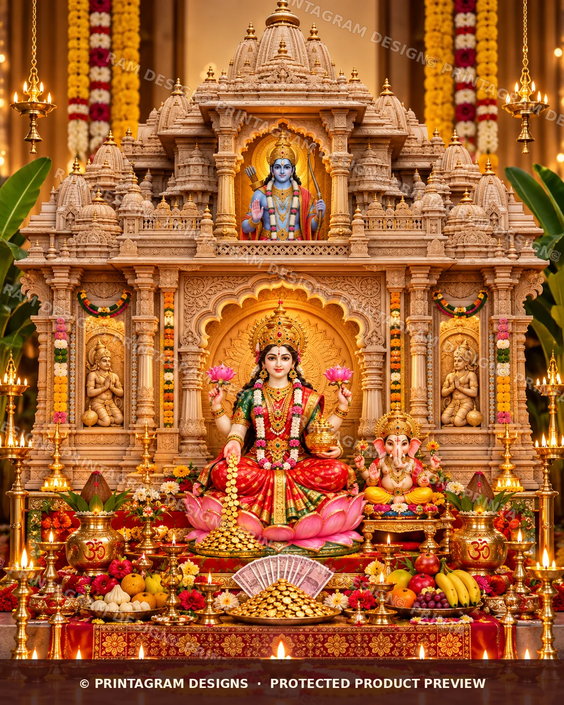 Model LSB-17 Ayodhya Shri Ram Janmabhoomi Mandir Single Backdrop styled Lakshmi Puja decoration