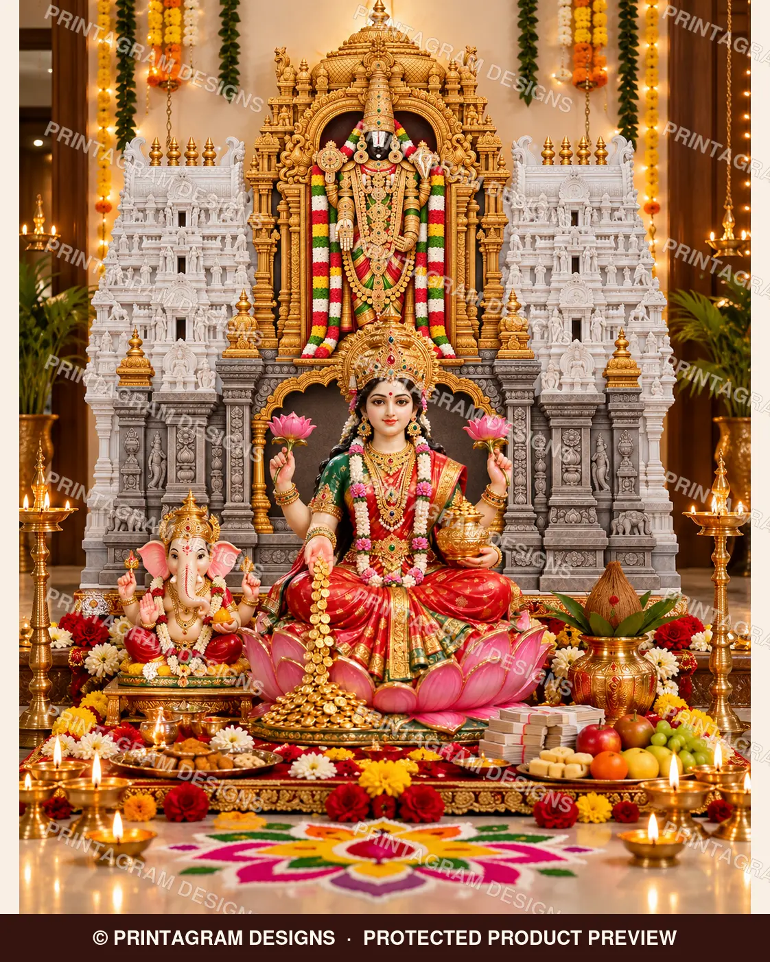 Model LSB-19 Tirumala Venkateswara Shweta–Suvarna Gopuram Single Backdrop styled Lakshmi Puja decoration
