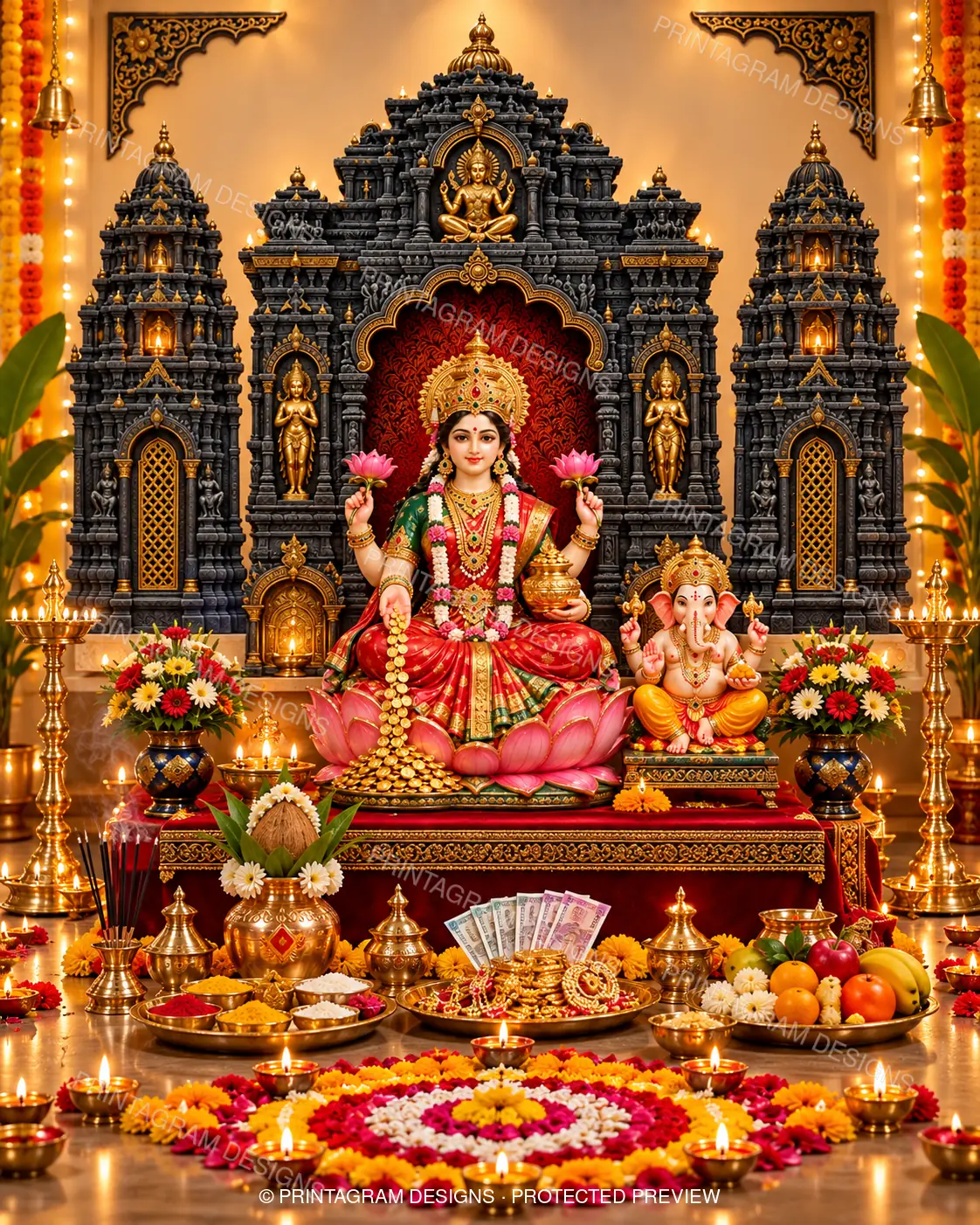 Model LP-02 Dhanalakshmi Suvarna Shikhar Puja Mandir styled Lakshmi Puja decoration