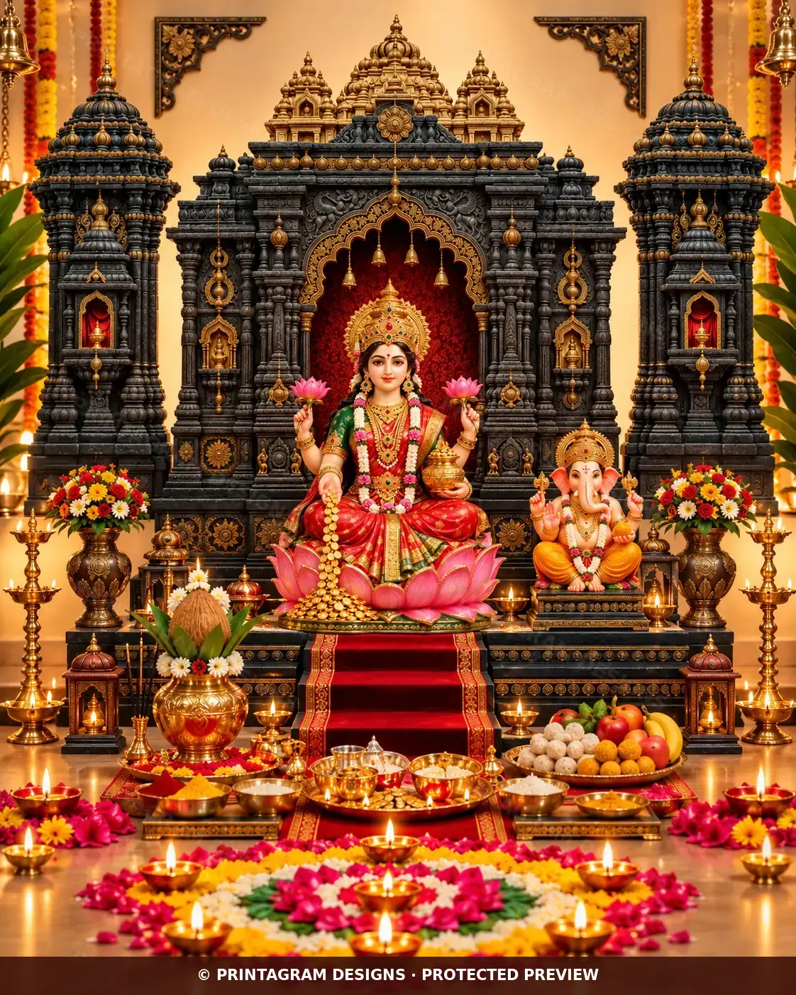 Model LP-11 Ratnagarbha Deepmandir Lakshmi–Ganesh Puja Set styled Lakshmi Puja decoration